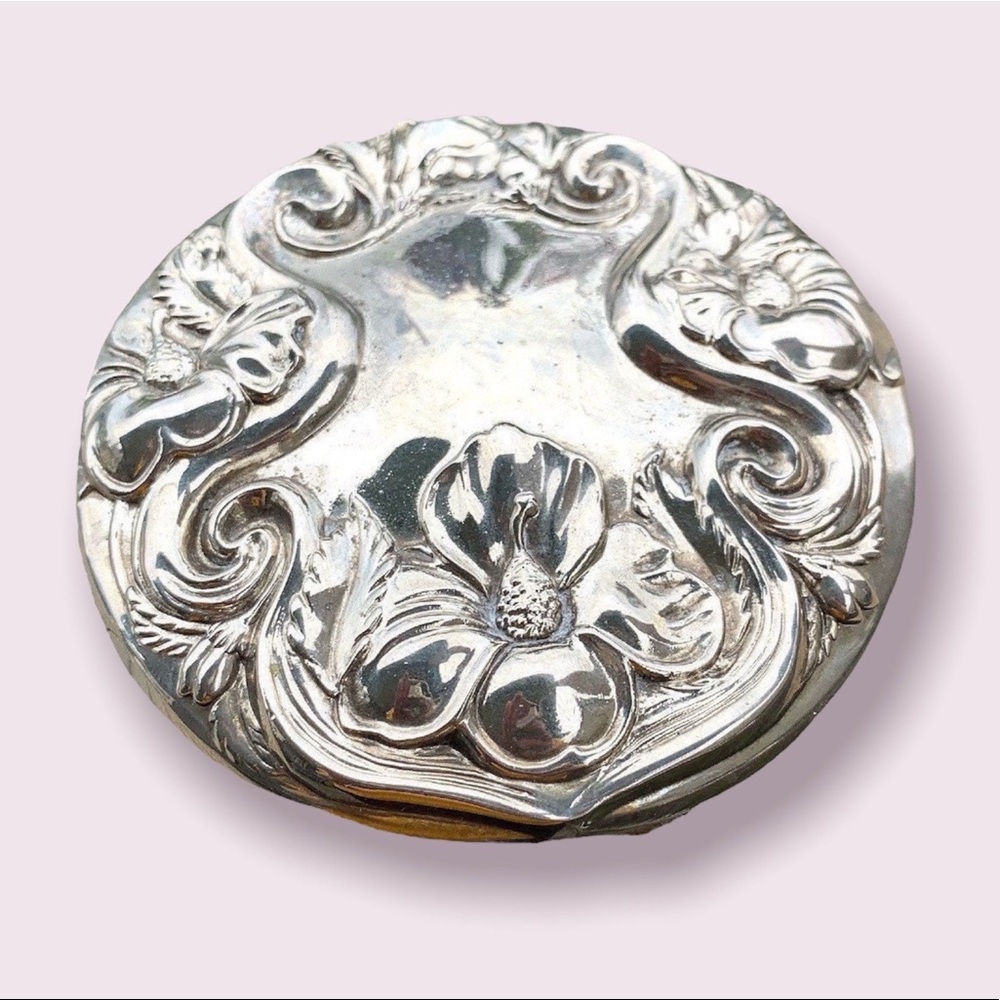 Vintage Mirror Silver Repousse Floral Hand Held Edwardian Round Flowers Roses
